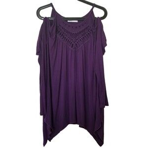 089) Miholl Womens Blouse Purple Long Sleeve Cold Shoulder Kerchief Hem L